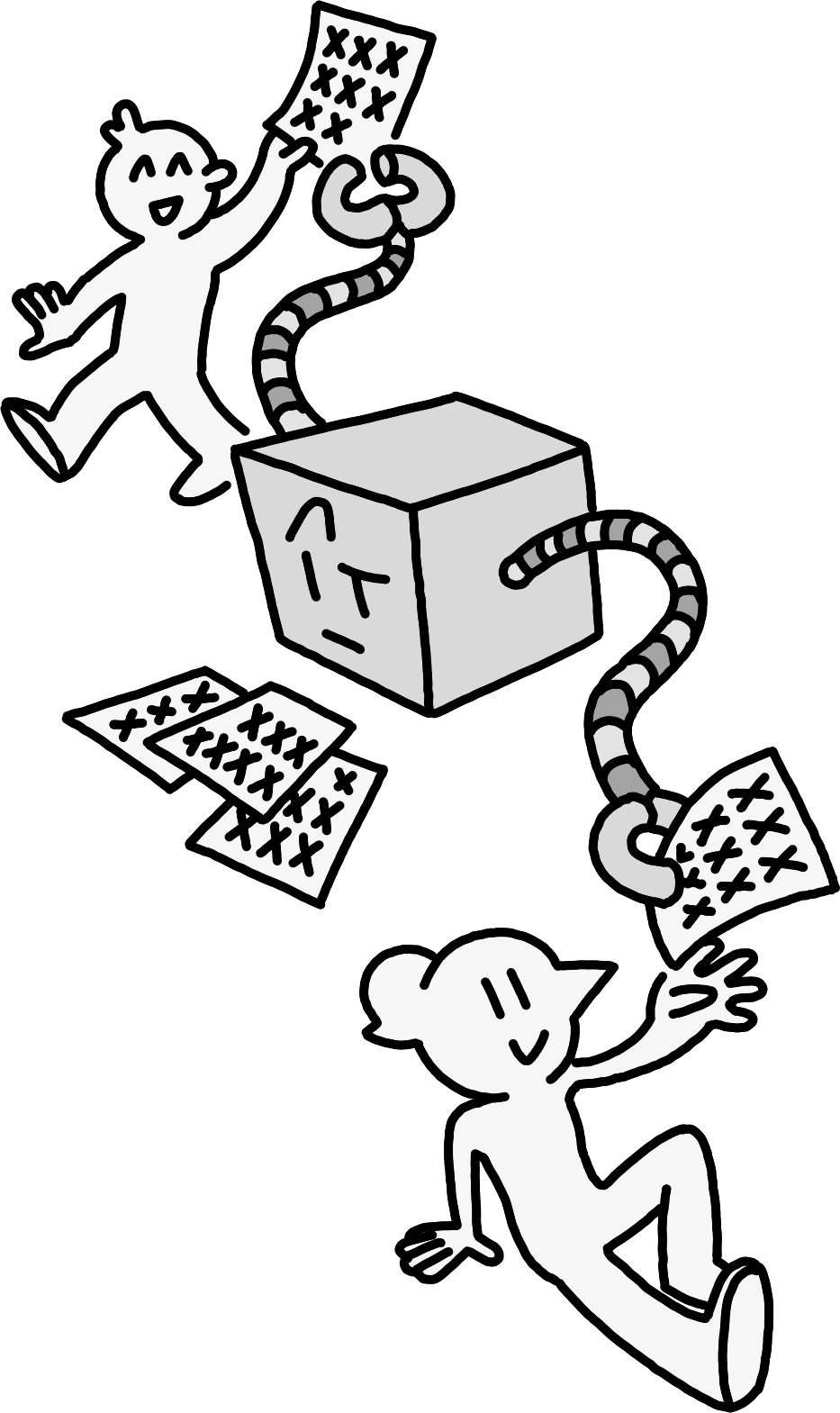 An ornamental drawing of Alfie and Betty passing sheets of encrypted information to each other via a robot who has no idea what to make of the documents being passed between them. Alfie and Betty seem pretty happy though.